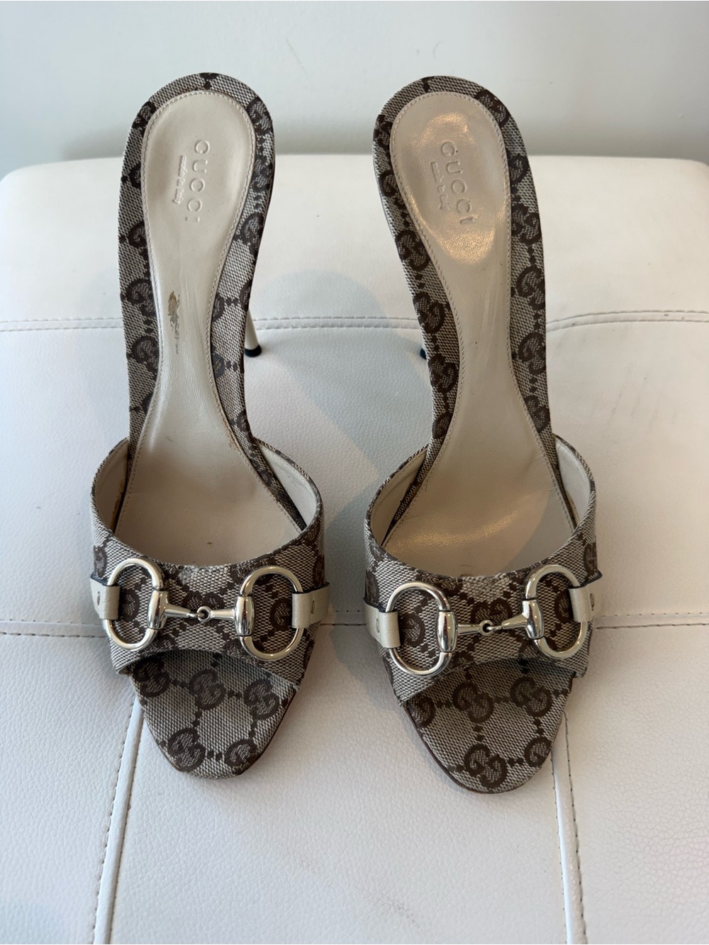 Gucci Beige Brown Monogram Horsebit Stiletto Mules - Picture 2 of 5